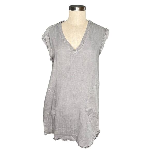 CLOTH & STONE Gray Blue Chambray Tencel Frayed Tunic Shirt Dress Mini Size Small - Picture 1 of 10